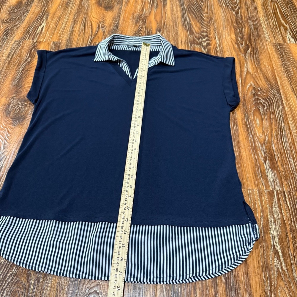 Adrianna Papell Womens Navy Blue Striped Mixed Media V-Neck Blouse Top Size M - Picture 5 of 6